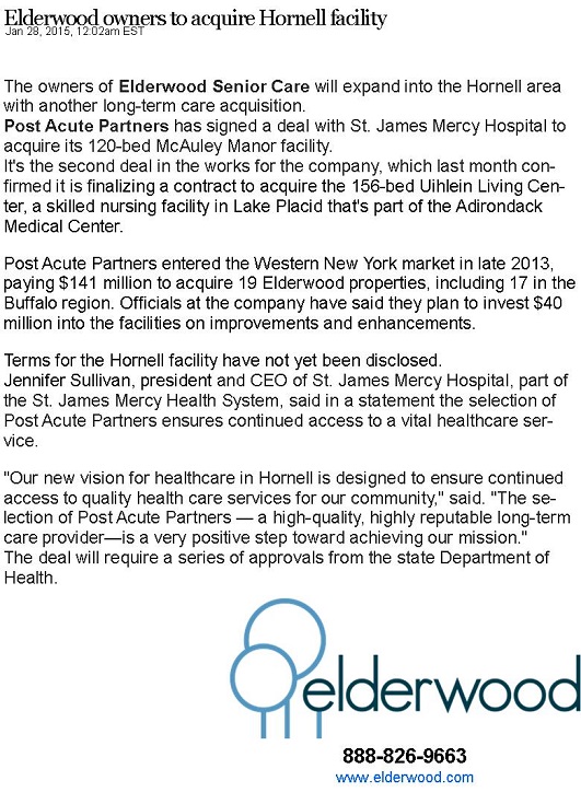 Elderwood owners to acquire Hornell facility Post Acute Partners